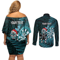 Personalised New Zealand Darts Christmas Couples Matching Off Shoulder Short Dress and Long Sleeve Button Shirt Maori Fern Merry Dartsmas - Polynesian Pride