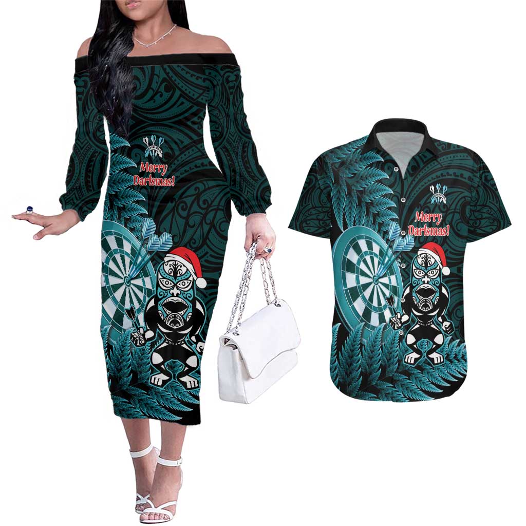 Personalised New Zealand Darts Christmas Couples Matching Off The Shoulder Long Sleeve Dress and Hawaiian Shirt Maori Fern Merry Dartsmas - Polynesian Pride