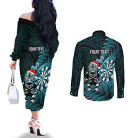 Personalised New Zealand Darts Christmas Couples Matching Off The Shoulder Long Sleeve Dress and Long Sleeve Button Shirt Maori Fern Merry Dartsmas - Polynesian Pride