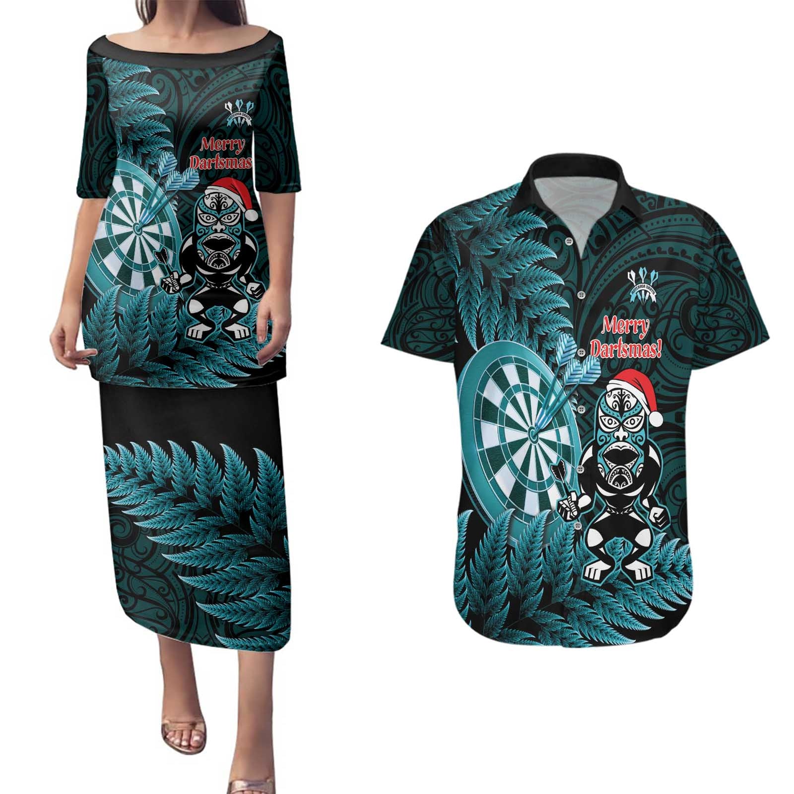 Personalised New Zealand Darts Christmas Couples Matching Puletasi and Hawaiian Shirt Maori Fern Merry Dartsmas - Polynesian Pride