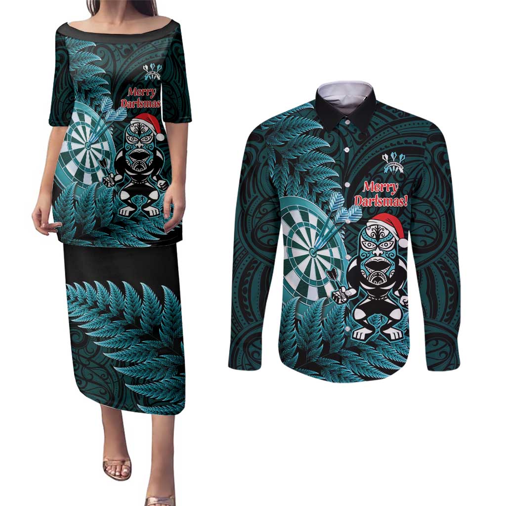 Personalised New Zealand Darts Christmas Couples Matching Puletasi and Long Sleeve Button Shirt Maori Fern Merry Dartsmas - Polynesian Pride