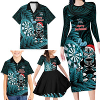 Personalised New Zealand Darts Christmas Family Matching Long Sleeve Bodycon Dress and Hawaiian Shirt Maori Fern Merry Dartsmas - Polynesian Pride