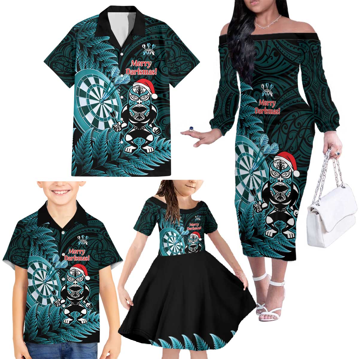 Personalised New Zealand Darts Christmas Family Matching Off The Shoulder Long Sleeve Dress and Hawaiian Shirt Maori Fern Merry Dartsmas - Polynesian Pride