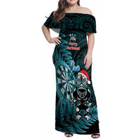 Personalised New Zealand Darts Christmas Family Matching Off Shoulder Maxi Dress and Hawaiian Shirt Maori Fern Merry Dartsmas - Polynesian Pride