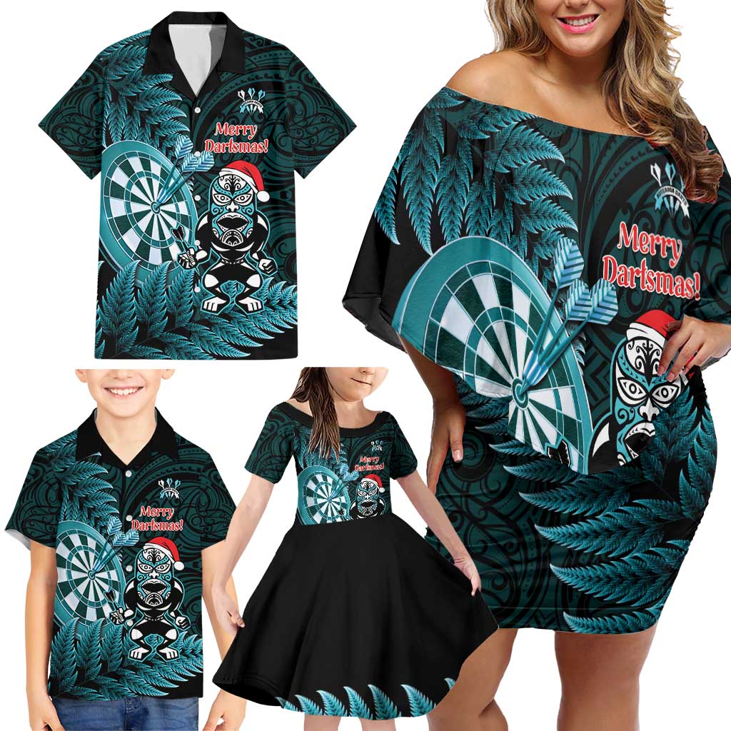 Personalised New Zealand Darts Christmas Family Matching Off Shoulder Short Dress and Hawaiian Shirt Maori Fern Merry Dartsmas - Polynesian Pride