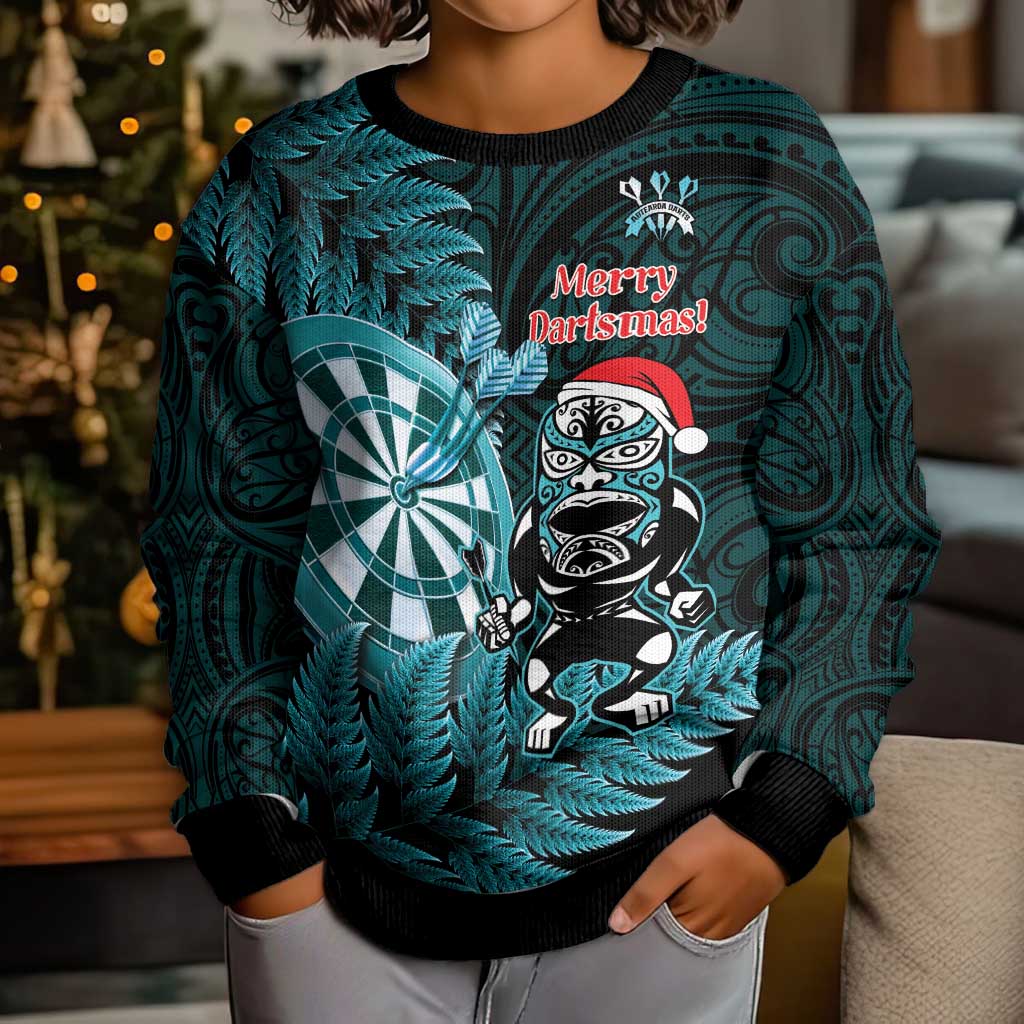 Personalised New Zealand Darts Christmas Kid Ugly Christmas Sweater Maori Fern Merry Dartsmas - Polynesian Pride