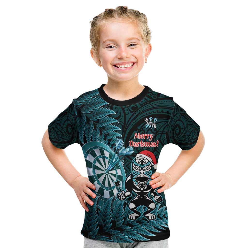 Personalised New Zealand Darts Christmas Kid T Shirt Maori Fern Merry Dartsmas - Polynesian Pride
