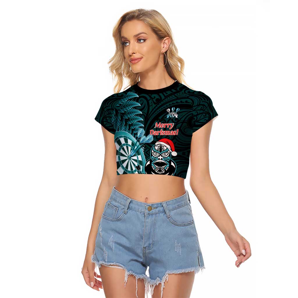 Personalised New Zealand Darts Christmas Raglan Cropped T Shirt Maori Fern Merry Dartsmas - Polynesian Pride