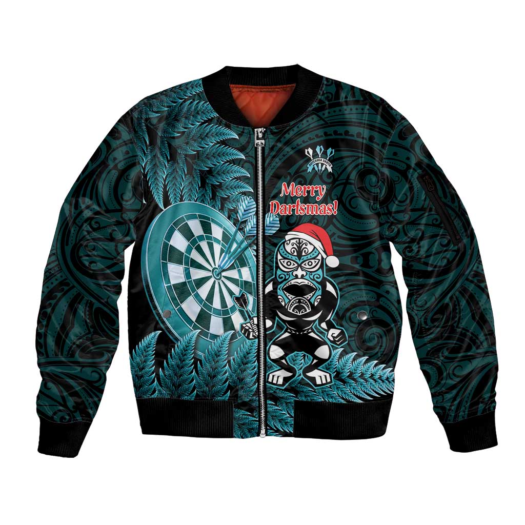 Personalised New Zealand Darts Christmas Sleeve Zip Bomber Jacket Maori Fern Merry Dartsmas - Polynesian Pride
