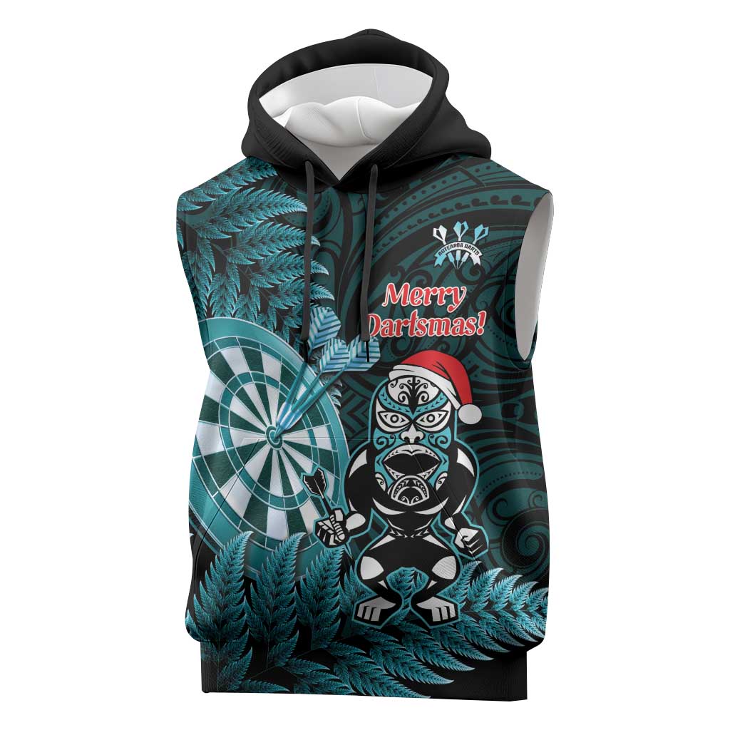 Personalised New Zealand Darts Christmas Sleeveless Hoodie Maori Fern Merry Dartsmas - Polynesian Pride