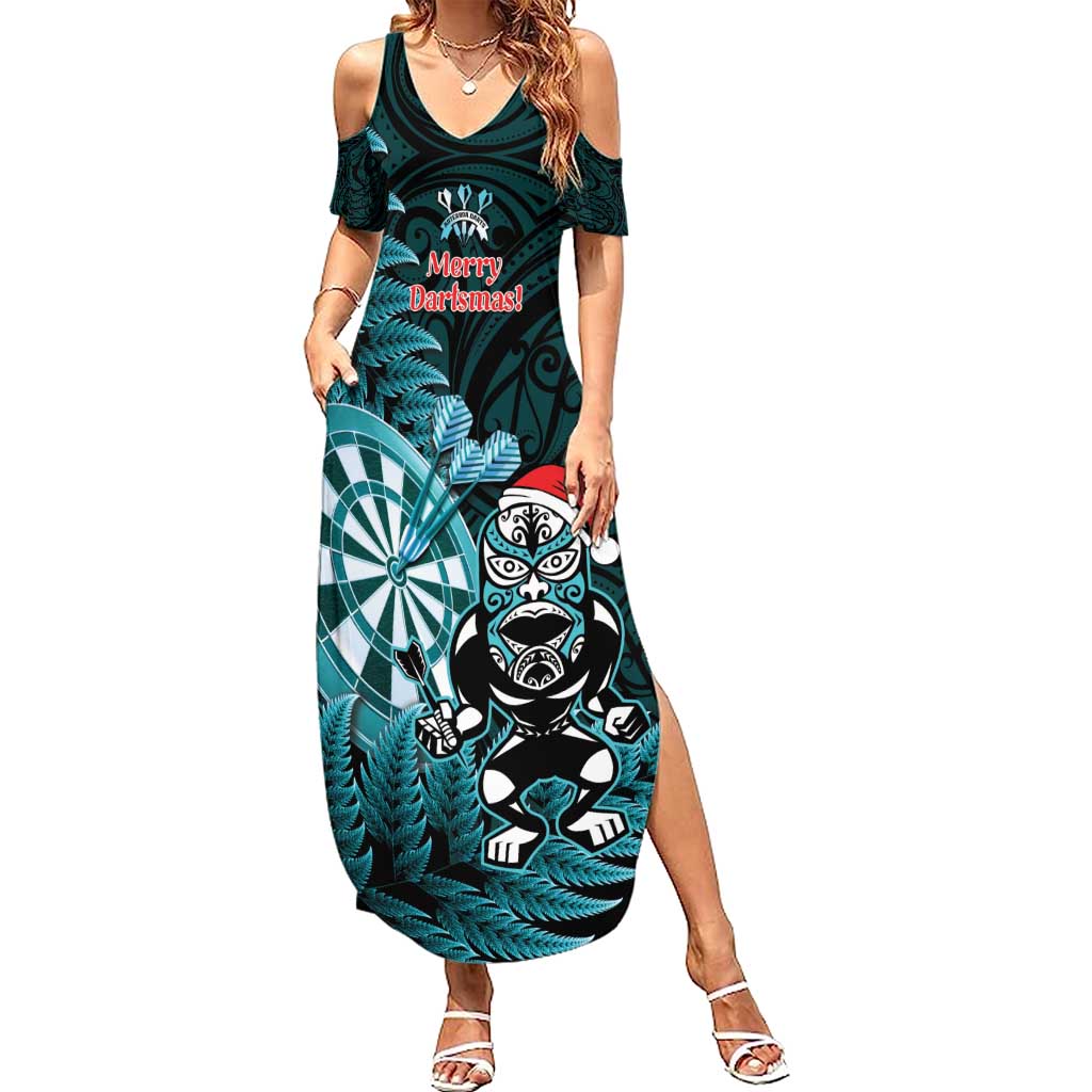Personalised New Zealand Darts Christmas Summer Maxi Dress Maori Fern Merry Dartsmas - Polynesian Pride