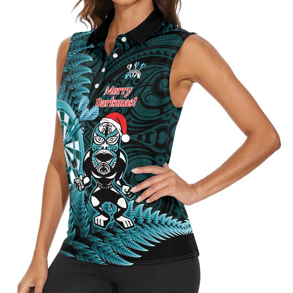 Personalised New Zealand Darts Christmas Women Sleeveless Polo Shirt Maori Fern Merry Dartsmas - Polynesian Pride