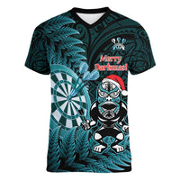 Personalised New Zealand Darts Christmas Women V-Neck T-Shirt Maori Fern Merry Dartsmas - Polynesian Pride