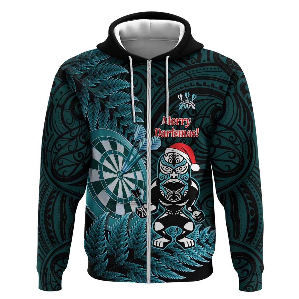 Personalised New Zealand Darts Christmas Zip Hoodie Maori Fern Merry Dartsmas - Polynesian Pride