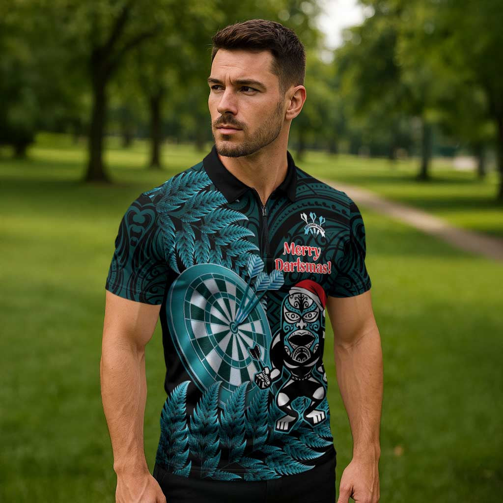 Personalised New Zealand Darts Christmas Zipper Polo Shirt Maori Fern Merry Dartsmas - Polynesian Pride