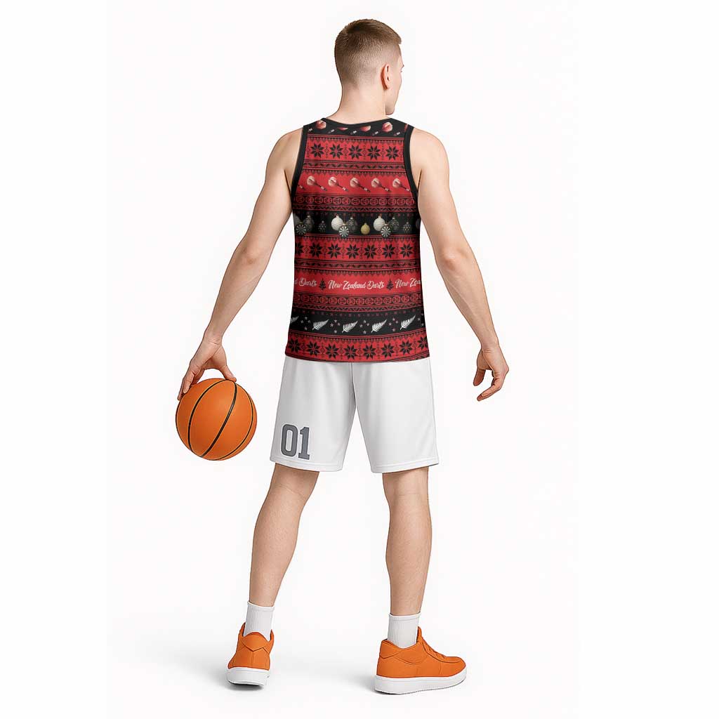 New Zealand Darts Christmas Basketball Jersey Merry Xmas Aotearoa Maori Red - Polynesian Pride