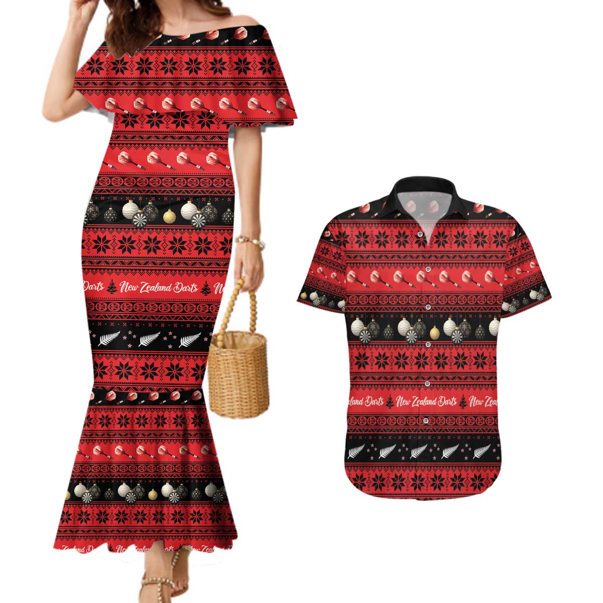 New Zealand Darts Christmas Couples Matching Mermaid Dress and Hawaiian Shirt Merry Xmas Aotearoa Maori Red - Polynesian Pride