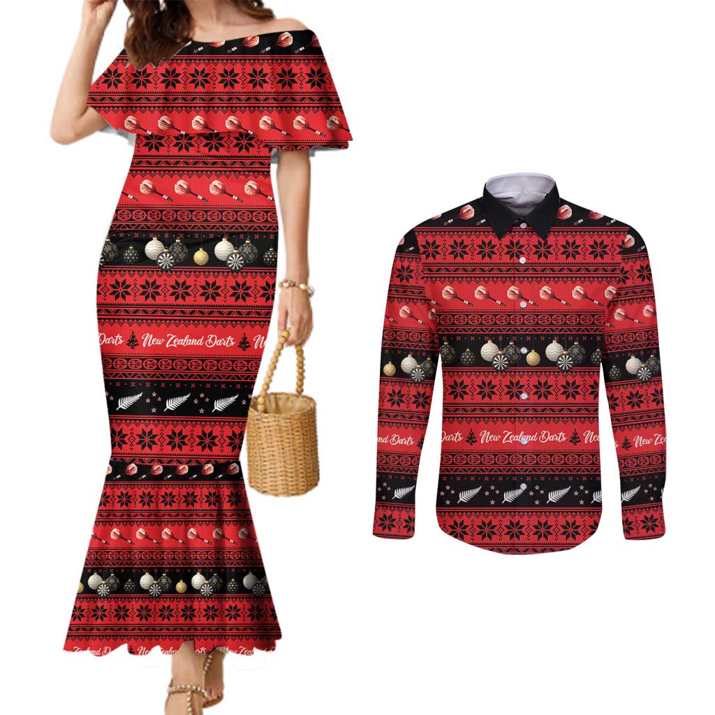 New Zealand Darts Christmas Couples Matching Mermaid Dress and Long Sleeve Button Shirt Merry Xmas Aotearoa Maori Red - Polynesian Pride
