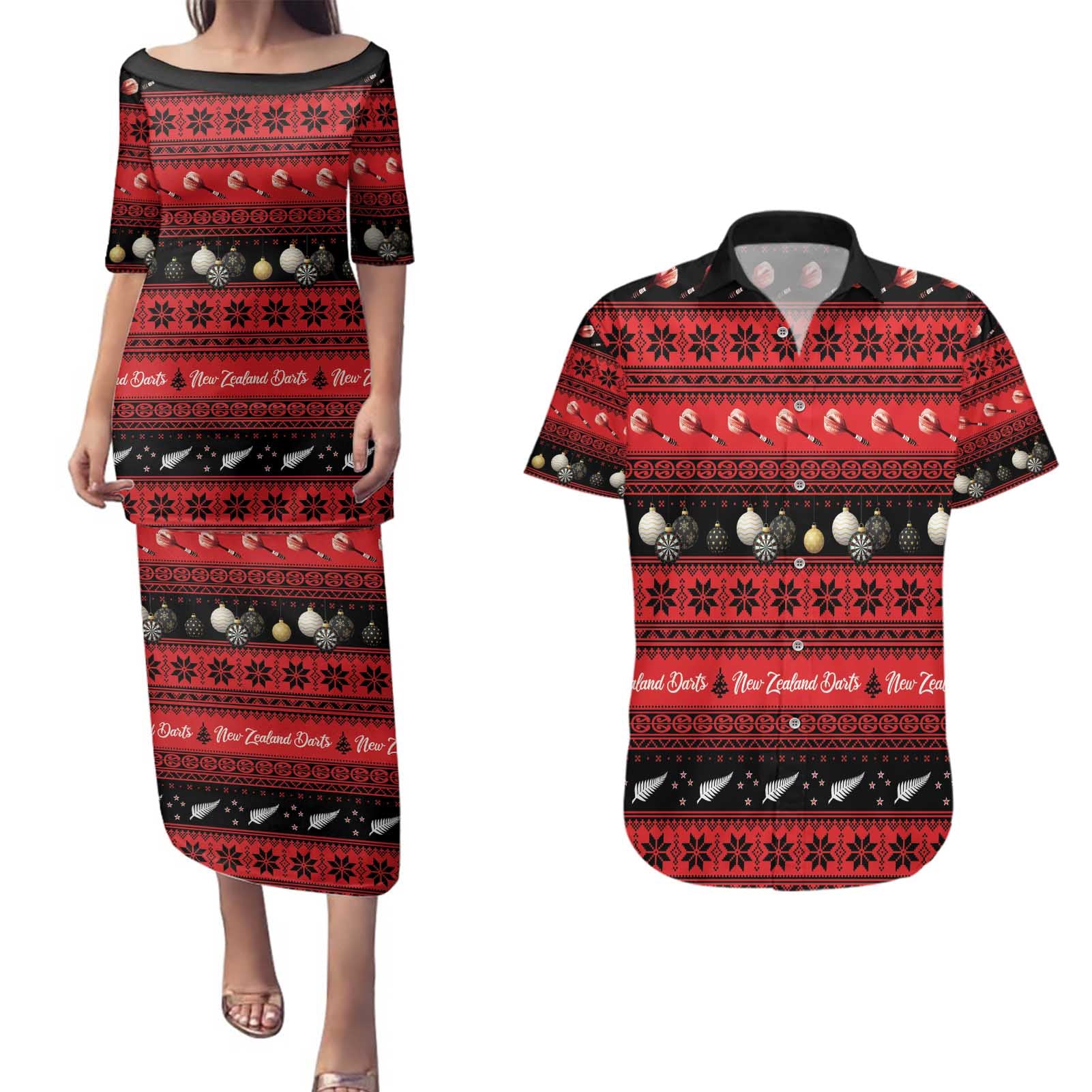 New Zealand Darts Christmas Couples Matching Puletasi and Hawaiian Shirt Merry Xmas Aotearoa Maori Red - Polynesian Pride