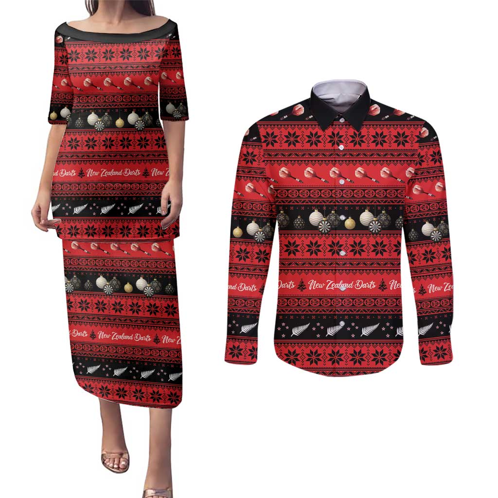 New Zealand Darts Christmas Couples Matching Puletasi and Long Sleeve Button Shirt Merry Xmas Aotearoa Maori Red - Polynesian Pride