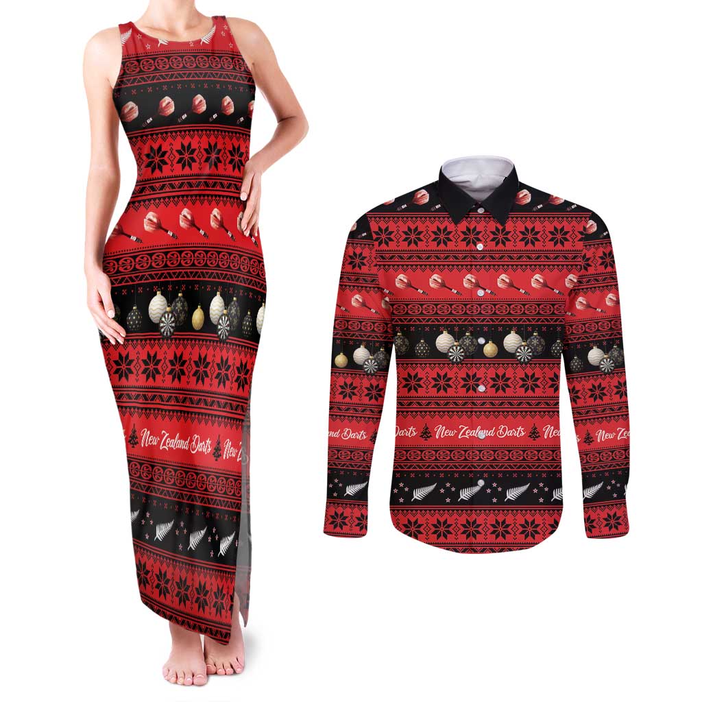New Zealand Darts Christmas Couples Matching Tank Maxi Dress and Long Sleeve Button Shirt Merry Xmas Aotearoa Maori Red - Polynesian Pride
