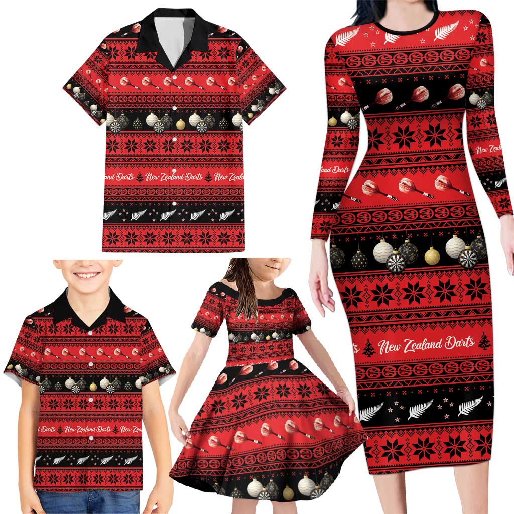 New Zealand Darts Christmas Family Matching Long Sleeve Bodycon Dress and Hawaiian Shirt Merry Xmas Aotearoa Maori Red - Polynesian Pride
