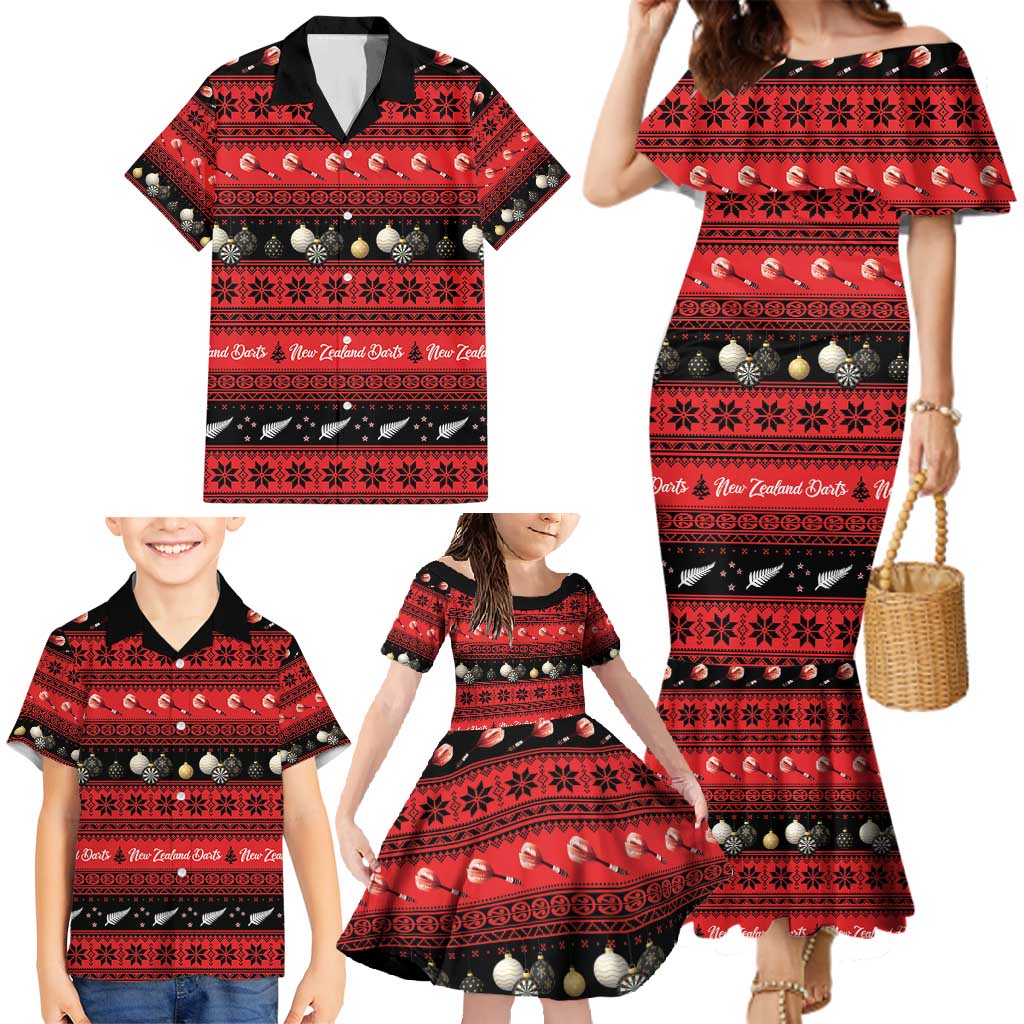 New Zealand Darts Christmas Family Matching Mermaid Dress and Hawaiian Shirt Merry Xmas Aotearoa Maori Red - Polynesian Pride