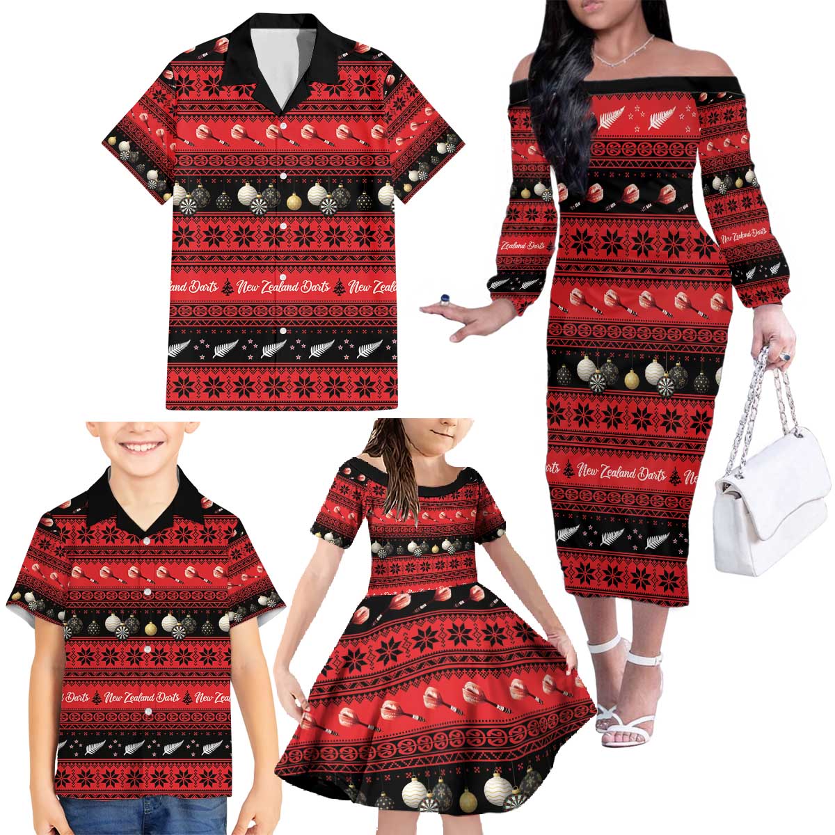 New Zealand Darts Christmas Family Matching Off The Shoulder Long Sleeve Dress and Hawaiian Shirt Merry Xmas Aotearoa Maori Red - Polynesian Pride