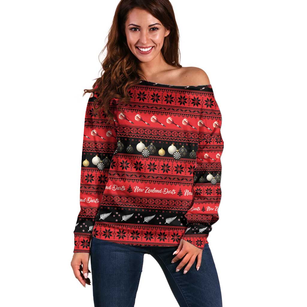 New Zealand Darts Christmas Off Shoulder Sweater Merry Xmas Aotearoa Maori Red - Polynesian Pride