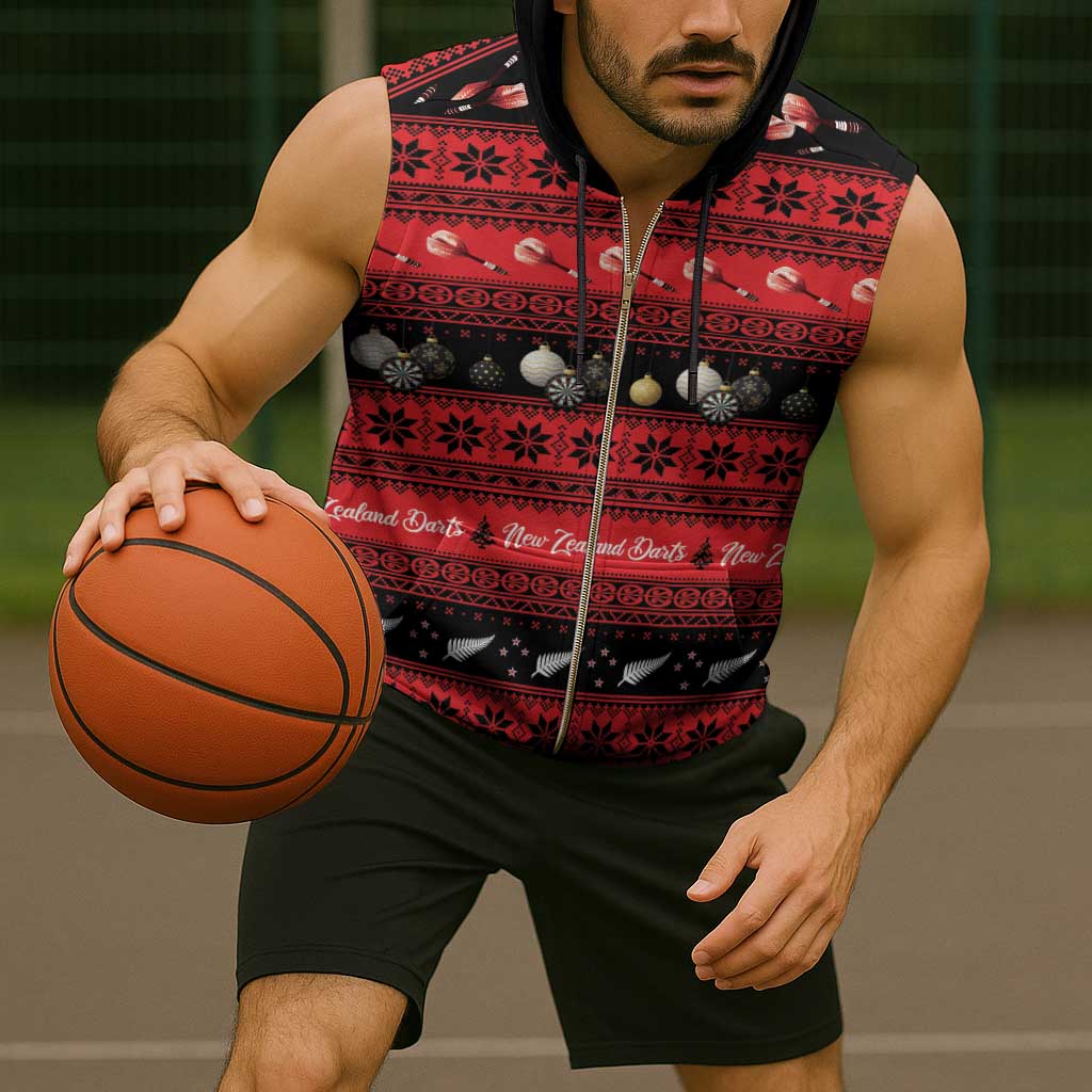 New Zealand Darts Christmas Sleeveless Zip Hoodie Merry Xmas Aotearoa Maori Red - Polynesian Pride