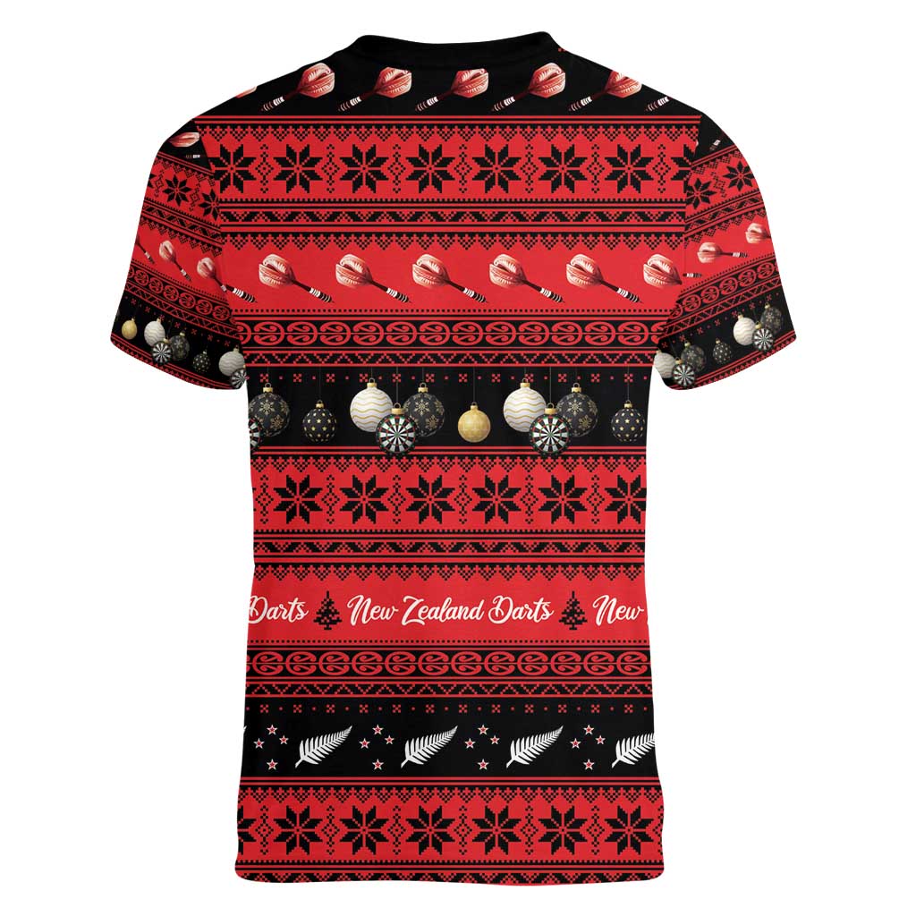 New Zealand Darts Christmas Women V-Neck T-Shirt Merry Xmas Aotearoa Maori Red - Polynesian Pride