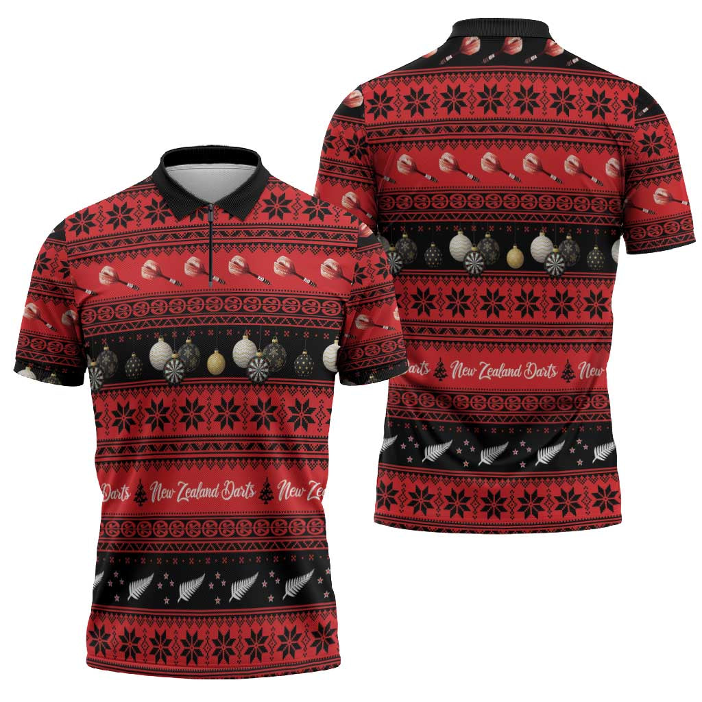 New Zealand Darts Christmas Zipper Polo Shirt Merry Xmas Aotearoa Maori Red - Polynesian Pride