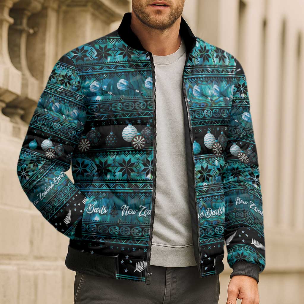 New Zealand Darts Christmas Bomber Puffer Jacket Merry Xmas Aotearoa Maori Paua Shell - Polynesian Pride