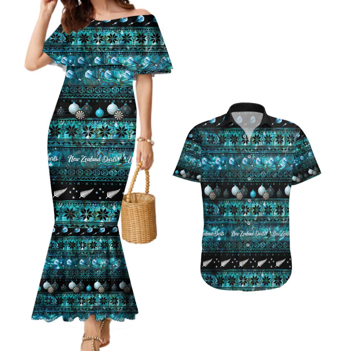 New Zealand Darts Christmas Couples Matching Mermaid Dress and Hawaiian Shirt Merry Xmas Aotearoa Maori Paua Shell - Polynesian Pride