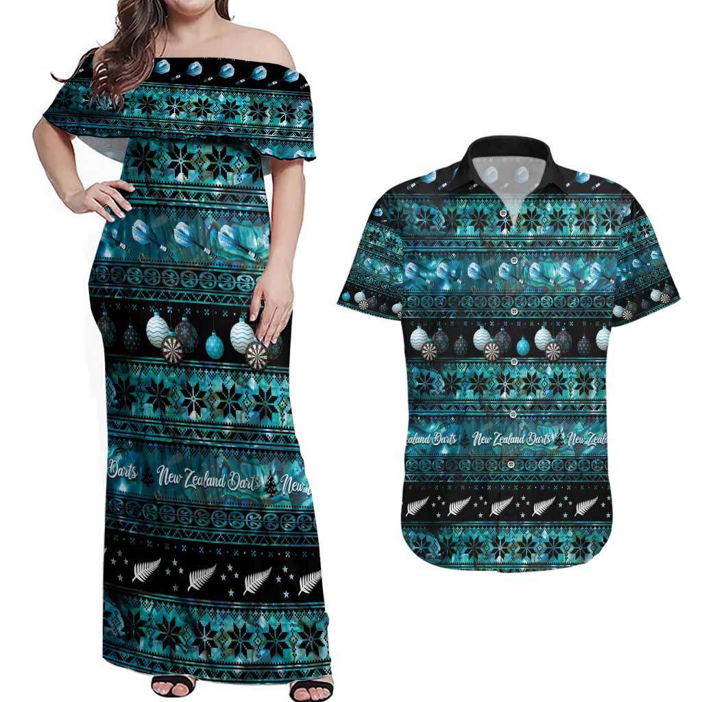 New Zealand Darts Christmas Couples Matching Off Shoulder Maxi Dress and Hawaiian Shirt Merry Xmas Aotearoa Maori Paua Shell - Polynesian Pride