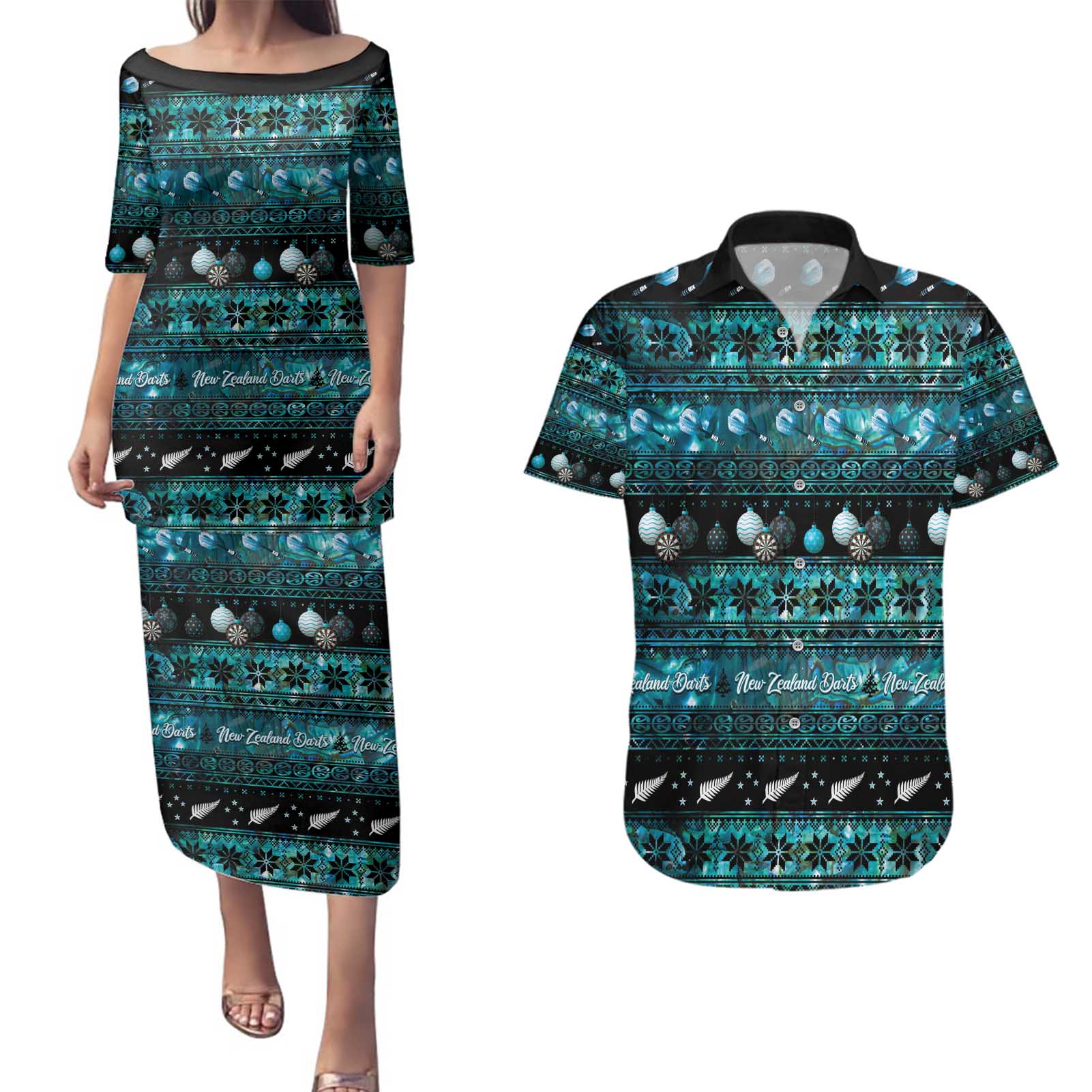 New Zealand Darts Christmas Couples Matching Puletasi and Hawaiian Shirt Merry Xmas Aotearoa Maori Paua Shell - Polynesian Pride