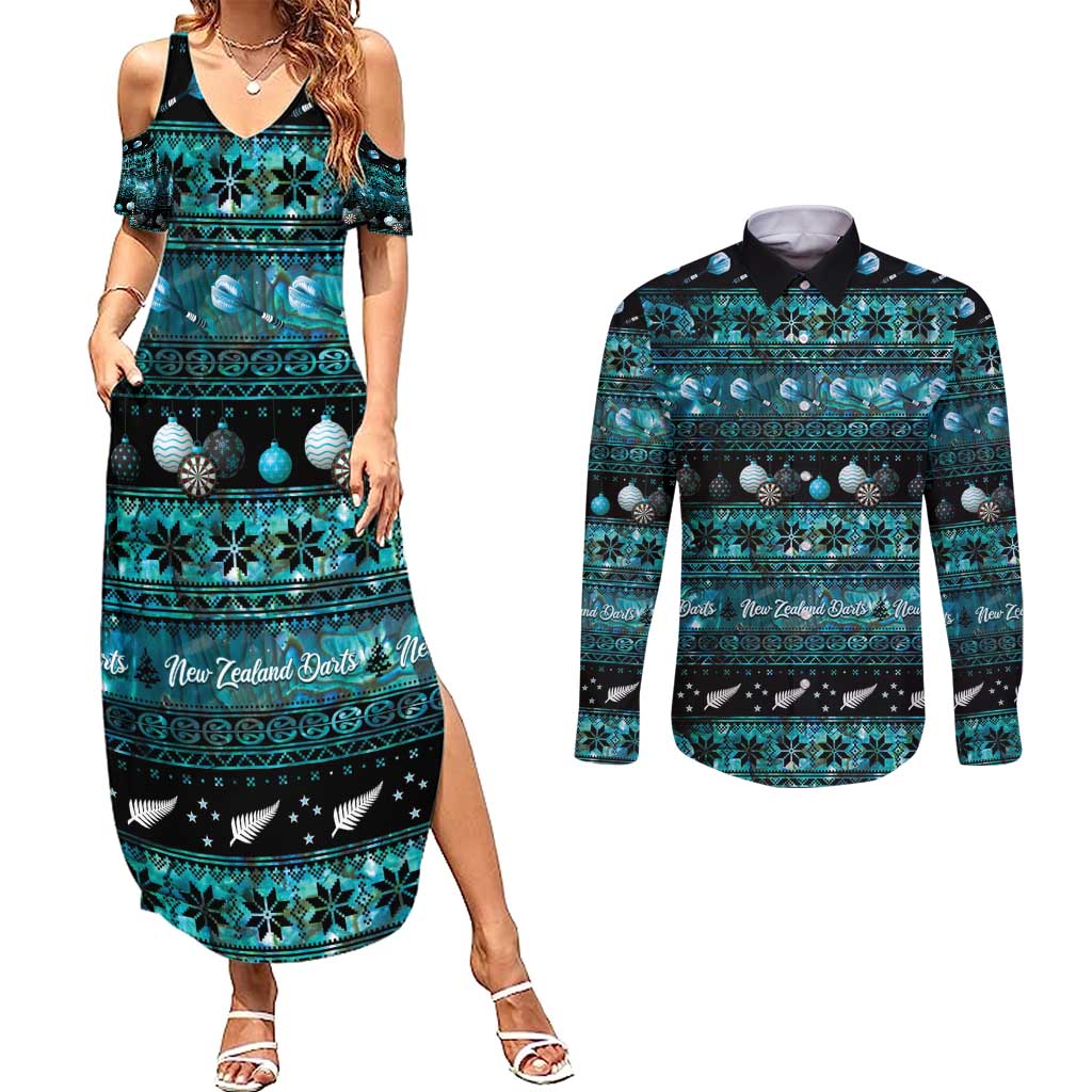 New Zealand Darts Christmas Couples Matching Summer Maxi Dress and Long Sleeve Button Shirt Merry Xmas Aotearoa Maori Paua Shell - Polynesian Pride