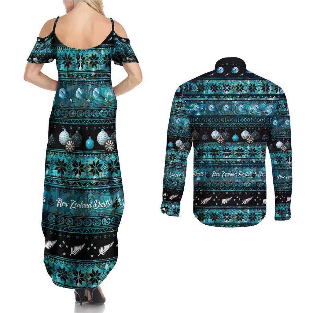 New Zealand Darts Christmas Couples Matching Summer Maxi Dress and Long Sleeve Button Shirt Merry Xmas Aotearoa Maori Paua Shell - Polynesian Pride