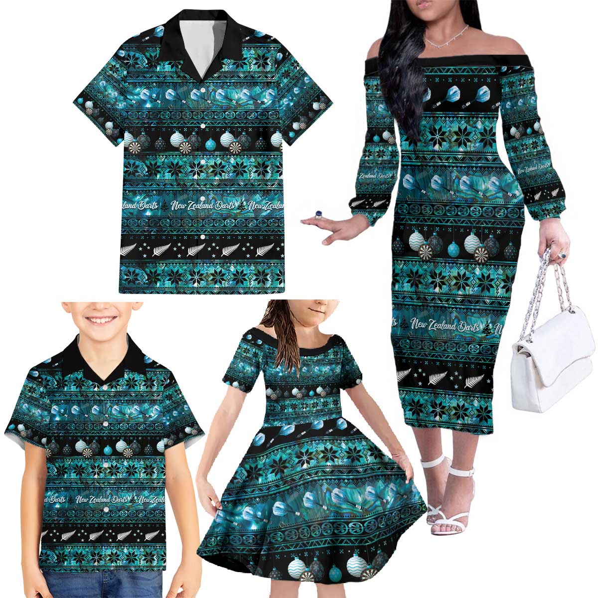 New Zealand Darts Christmas Family Matching Off The Shoulder Long Sleeve Dress and Hawaiian Shirt Merry Xmas Aotearoa Maori Paua Shell - Polynesian Pride