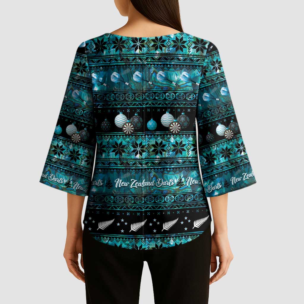 New Zealand Darts Christmas Kimono Sleeve Blouse Merry Xmas Aotearoa Maori Paua Shell - Polynesian Pride