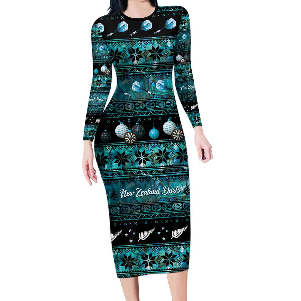 New Zealand Darts Christmas Long Sleeve Bodycon Dress Merry Xmas Aotearoa Maori Paua Shell - Polynesian Pride