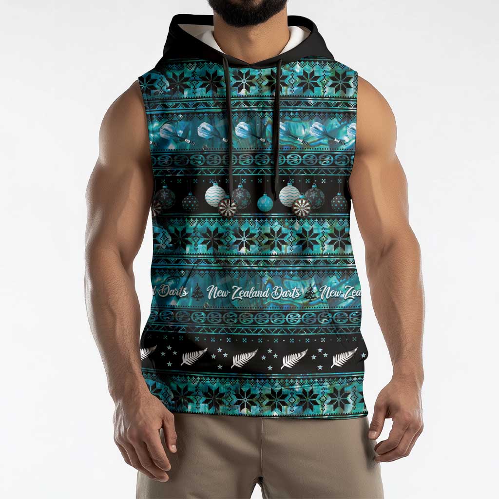 New Zealand Darts Christmas Sleeveless Hoodie Merry Xmas Aotearoa Maori Paua Shell - Polynesian Pride