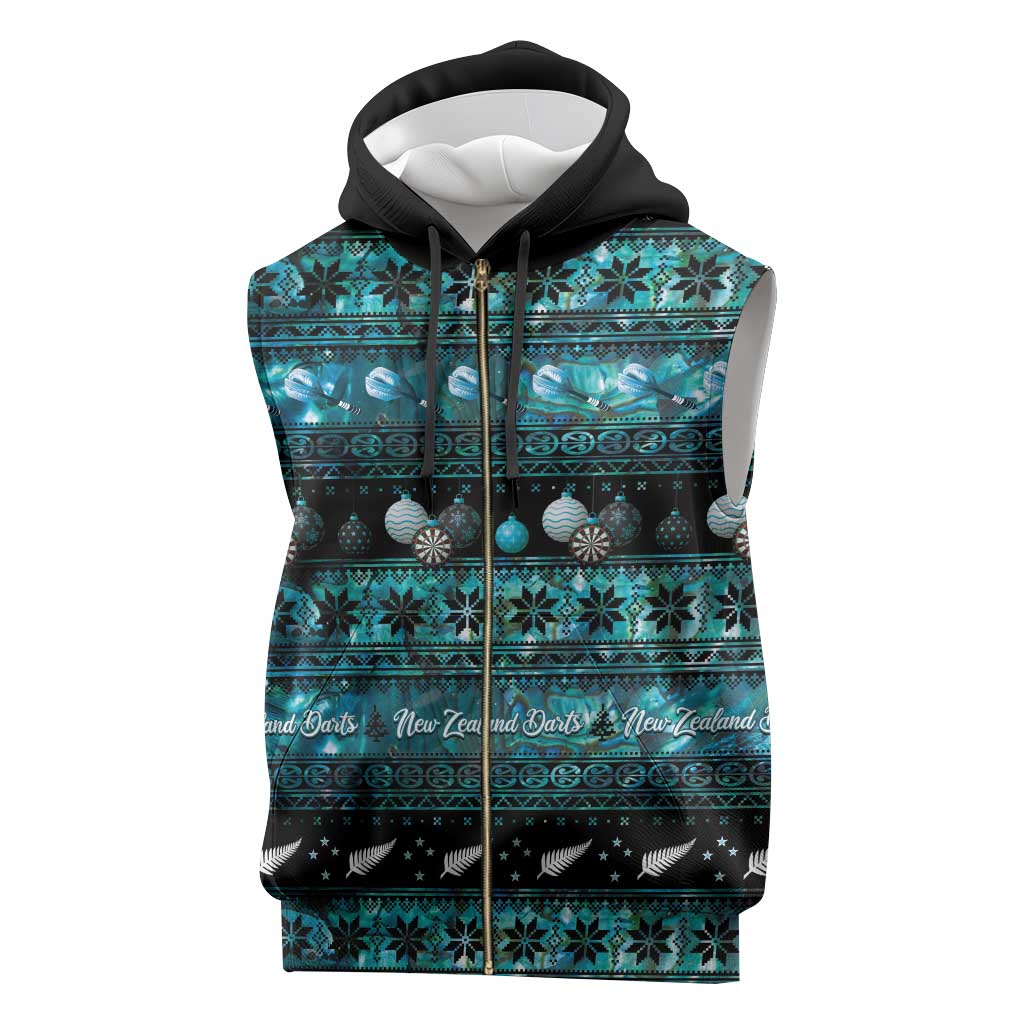New Zealand Darts Christmas Sleeveless Zip Hoodie Merry Xmas Aotearoa Maori Paua Shell - Polynesian Pride