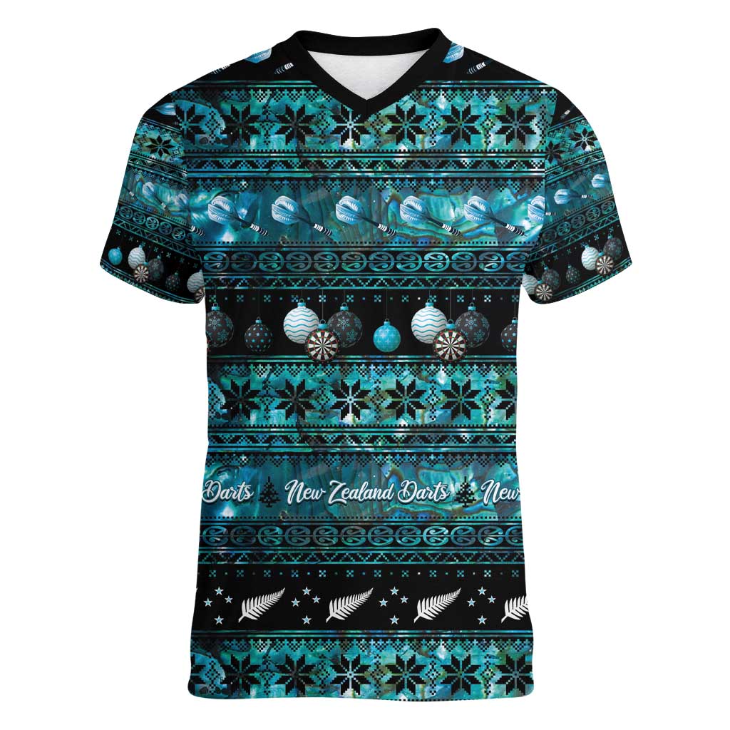 New Zealand Darts Christmas Women V-Neck T-Shirt Merry Xmas Aotearoa Maori Paua Shell - Polynesian Pride