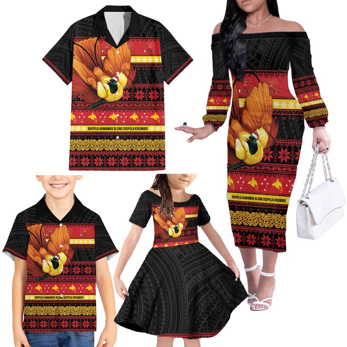 Papua New Guinea Christmas Family Matching Off The Shoulder Long Sleeve Dress and Hawaiian Shirt Bikpela hamamas blong dispela Krismas - Polynesian Pride