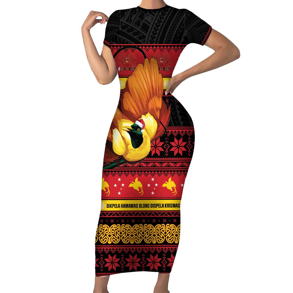 Papua New Guinea Christmas Short Sleeve Bodycon Dress Bikpela hamamas blong dispela Krismas - Polynesian Pride