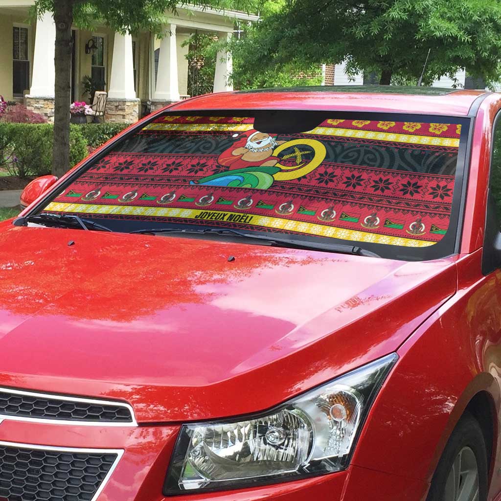 Vanuatu Christmas Auto Sun Shade Joyeux Noel Surfing Santa With Boar Tusk - Polynesian Pride