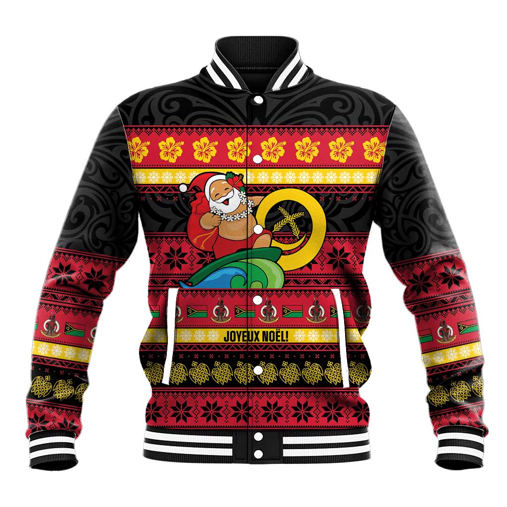 Vanuatu Christmas Baseball Jacket Joyeux Noel Surfing Santa With Boar Tusk LT14 Unisex Red - Polynesian Pride