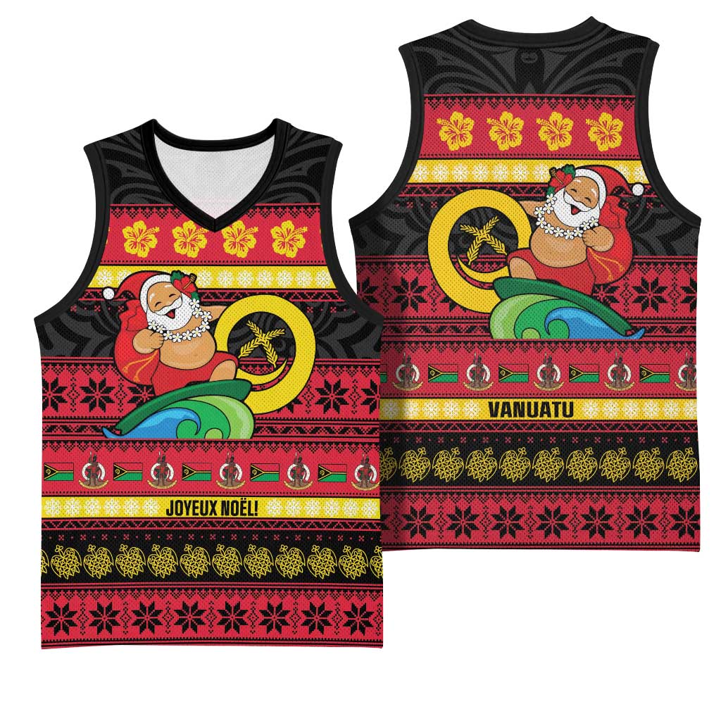 Vanuatu Christmas Basketball Jersey Joyeux Noel Surfing Santa With Boar Tusk LT14 - Polynesian Pride