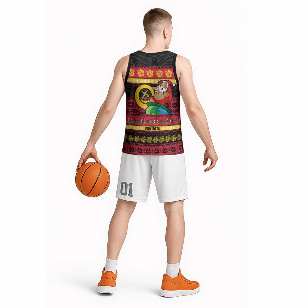 Vanuatu Christmas Basketball Jersey Joyeux Noel Surfing Santa With Boar Tusk LT14 - Polynesian Pride